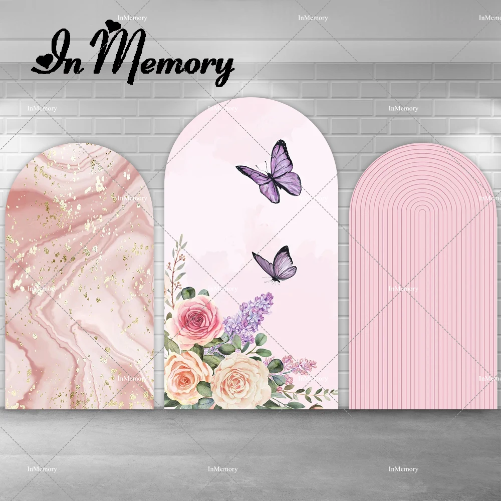 

Pink Marble Flower Butterfly Arch Backdrop Cover Pink Stripes Groovy Birthday Party Background Bridal Shower Wedding Boda Banner