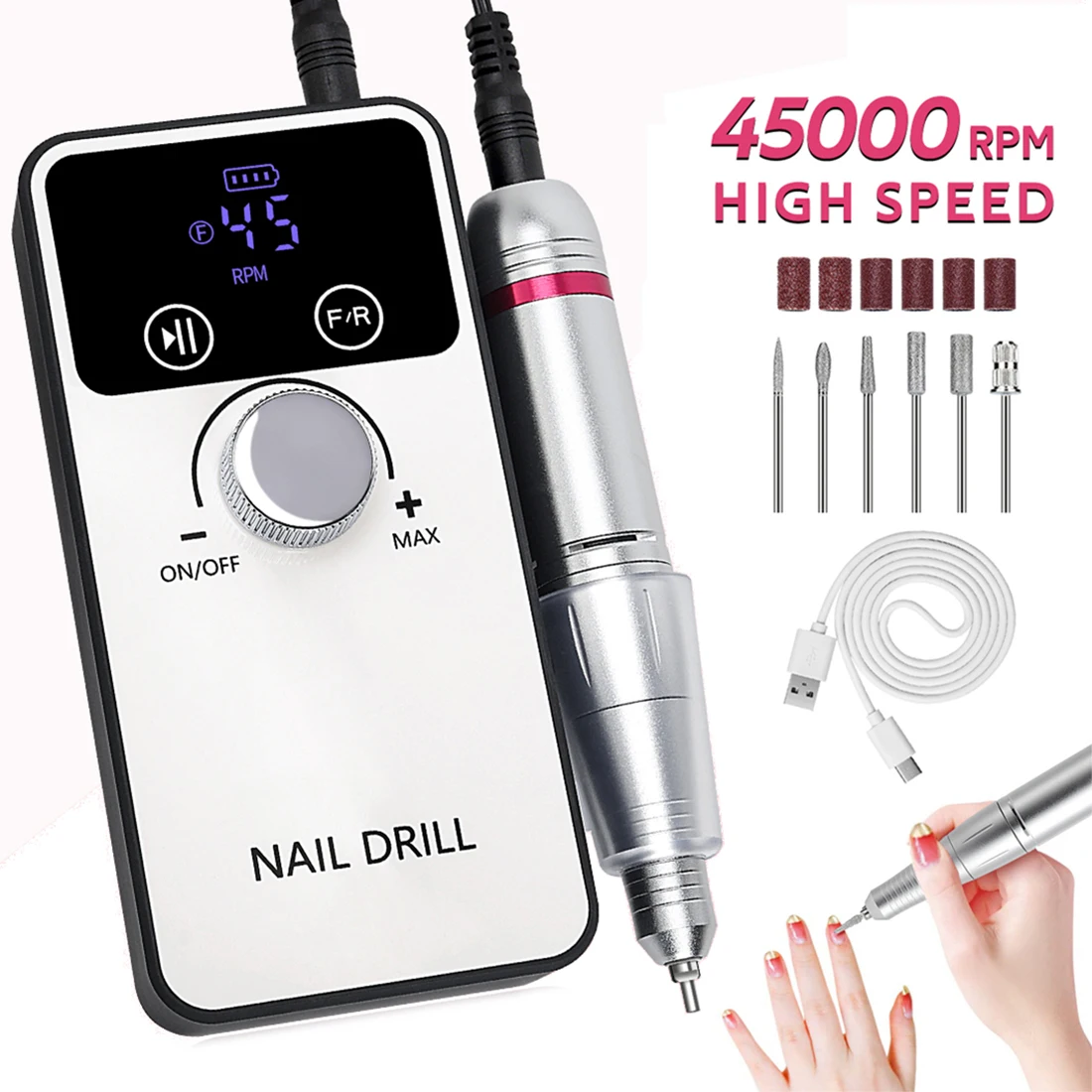 Máquina de Broca para Unhas 45000RPM, Lixadeira de Gel para Unhas Portátil, Torno Elétrico Profissional com Display LCD HD para Cuidados com Manicure