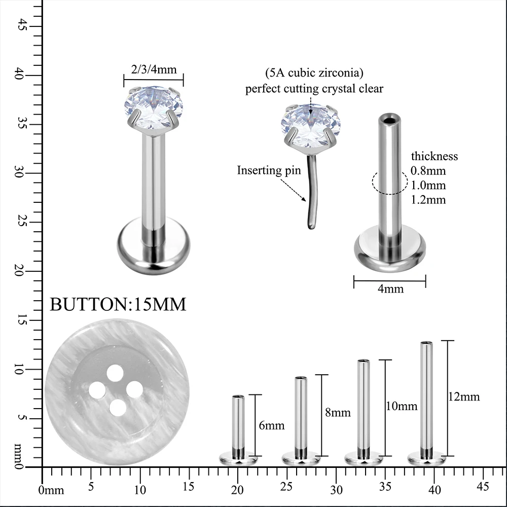 10PCS ASTM F136 G23 Titanium Piercing Labret Lip Ring Stud Earring CZ Ear Tragus Cartilage Helix Daith Pierc Jewelry 16/18/20g