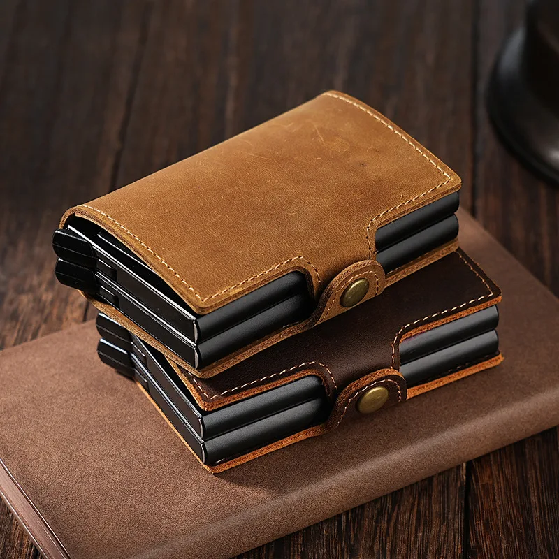 Double aluminum case automatic cartridge card clip crazy horse leather leather men pop bank card bag