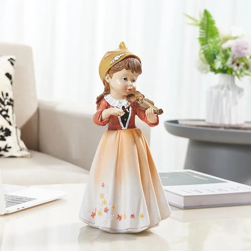 Rural Violin Girl Figurine - Fresh And Cute Teen Spirit TV Stand Decorative Item - Purple And Red Resin Artwork