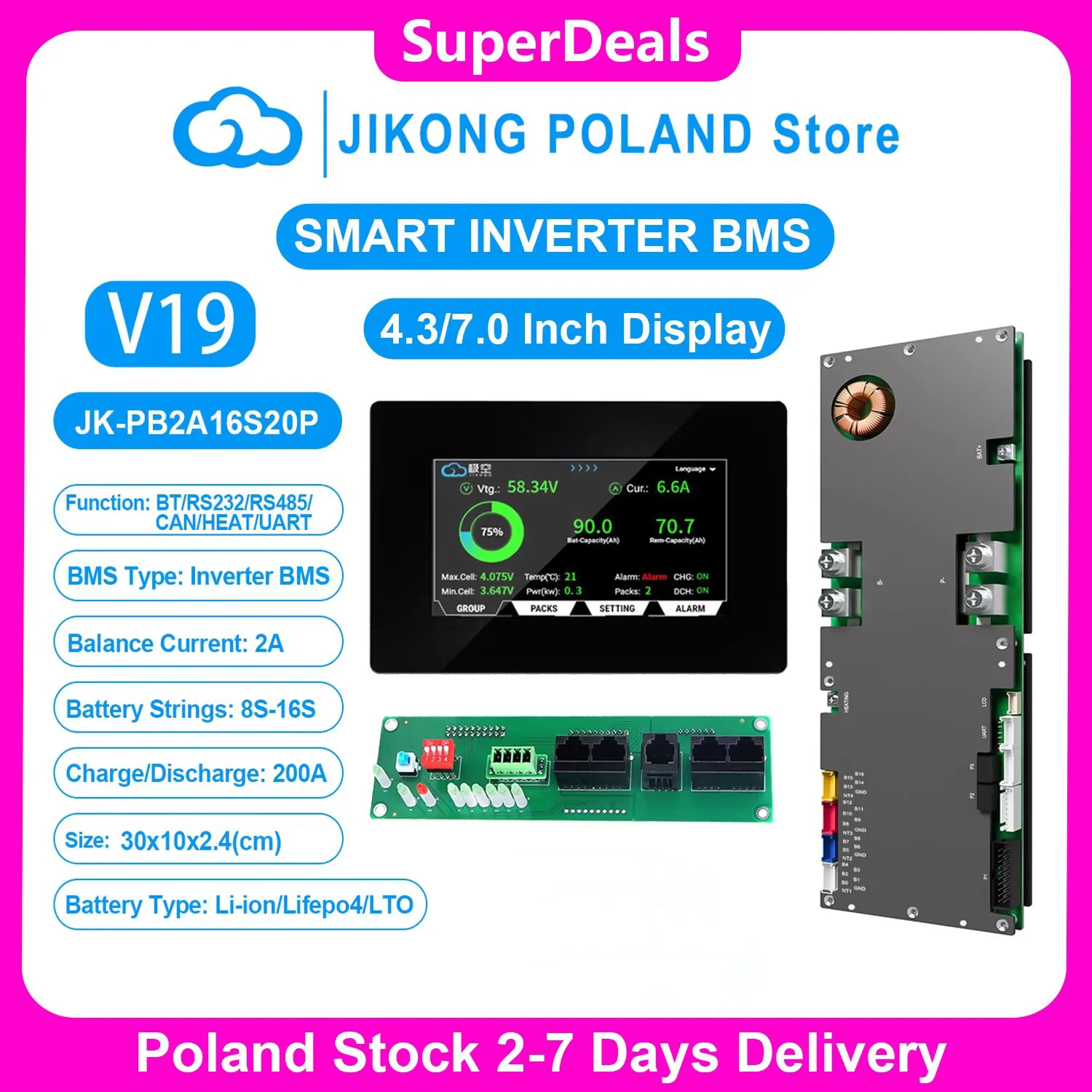 JIKONG V19 Smart Inverter BMS 8S~16S 24V 48V 200A Corrente 1A 2A Bilanciatore Attivo per Batterie Lifepo4 Li-ion Lto Accumulo Energetico Domestico BMS JK-PB2A16S20P
