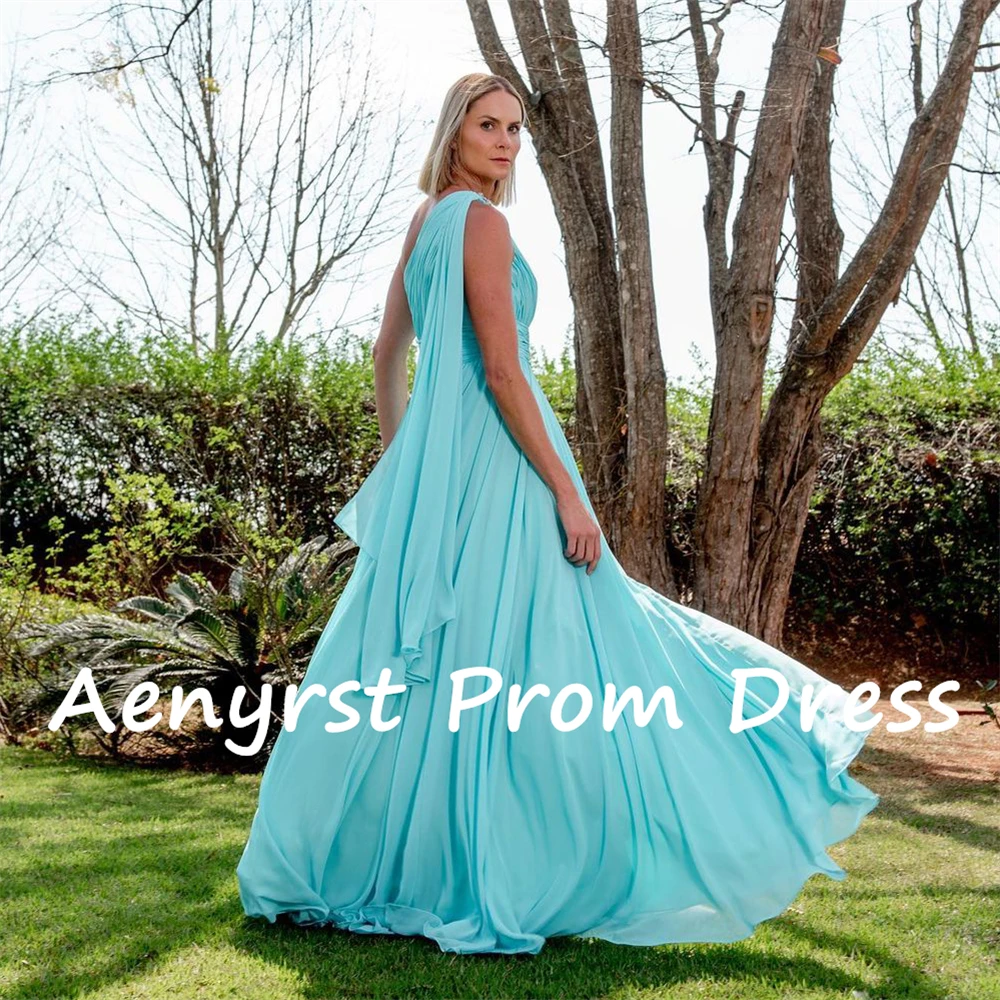 Aenyrst Saudi Arabia Simple One Shoulder A Line Prom Dresses Chiffon Pleated Lake Blue Evening Gowns Floor Length Holiday Dress