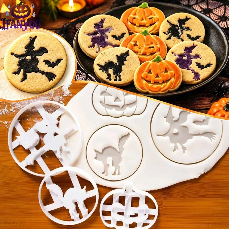 Halloween 3D Cookie Cutters Set Pumpkin Witch Black Cat Biscuit Fondant Embosser Stamps for Cake Decorating Baking Party Tools