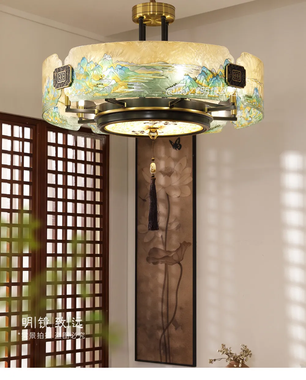 Y  New Chinese style enamel color living room pendant light, all copper, Chinese style, Song Dynasty Zen restaurant light