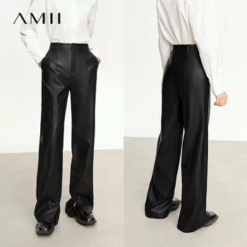 Women’s Minimalist PU Leather Straight-Leg Pants 3 AMII Minimalist PU Leather Casual Pants for Women 2026 Autumn New Loose Floor Length Straight Slit Female Trousers 12343250 3