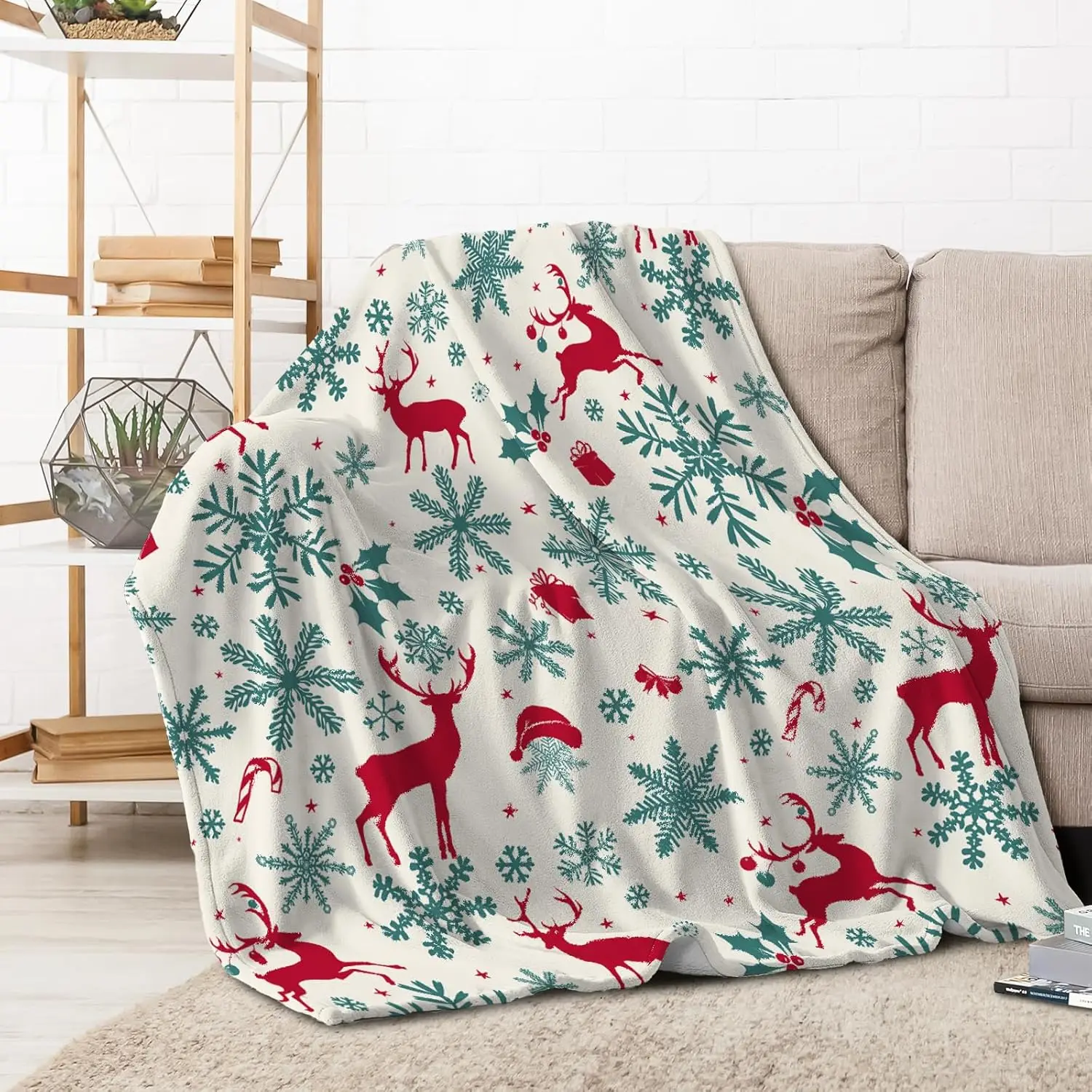 

Christmas Snowflake Throw Blanket Soft Plush Fleece Blanket with Reindeer and Snowflakes Green x for Cozy Holiday Decor