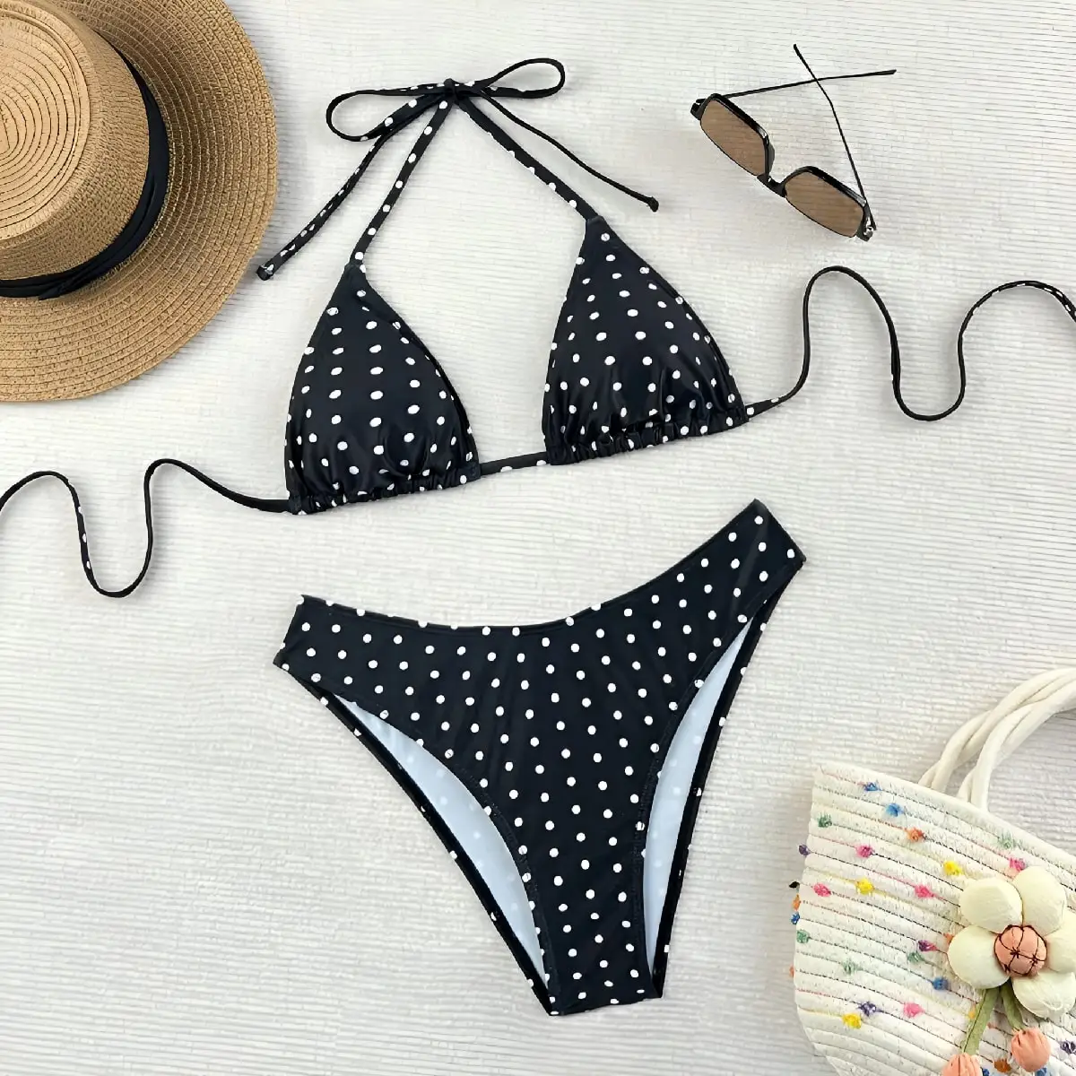 Women Polka Dot Bikini Set Halter Triangle Tie Top High Cut Cheeky Bottom Two‑Piece Swimsuit Beach Bathing Suit