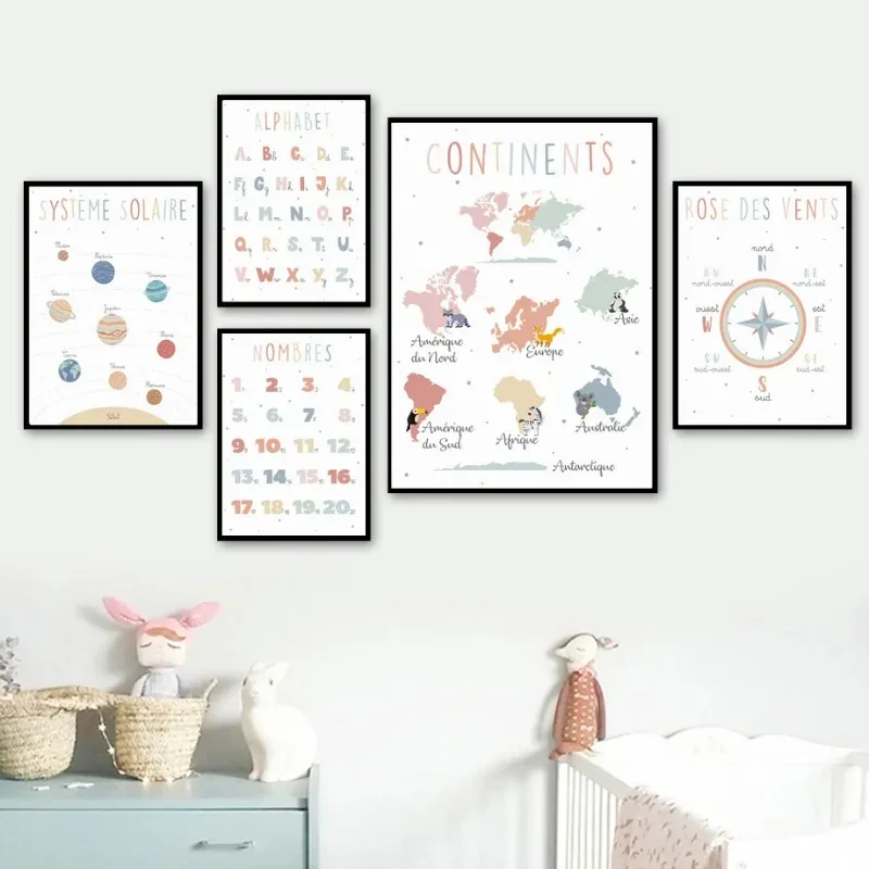 French Education Poster Alphabet Number Weather Solar System Canvas Painting Nordic Wall Art Pictures for Kids Room Decoration