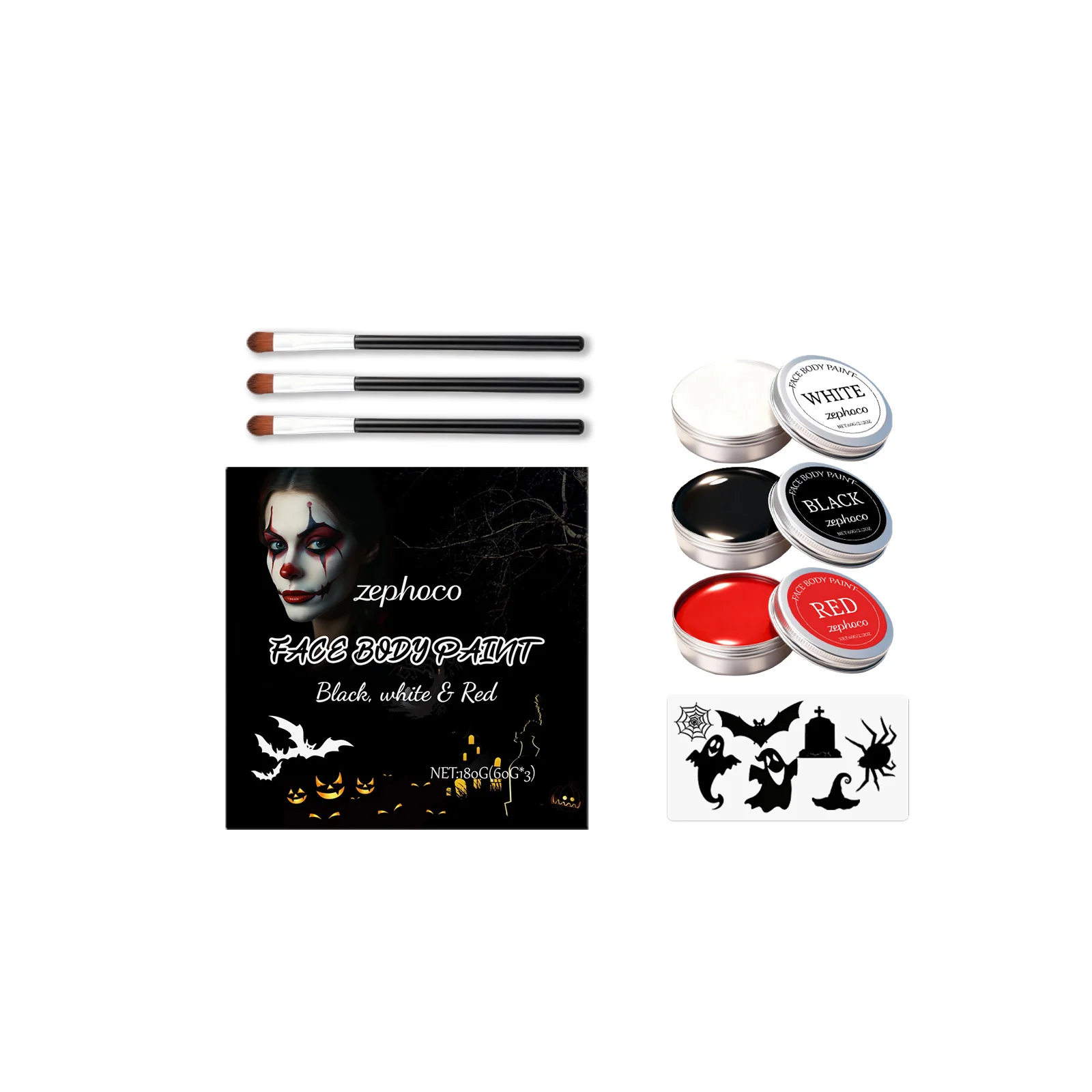 Black White red Face Body Paint With Temporary Tattoo Stickers Long Lasting Waterproof Sweat Resistant Halloween Festive Makeup