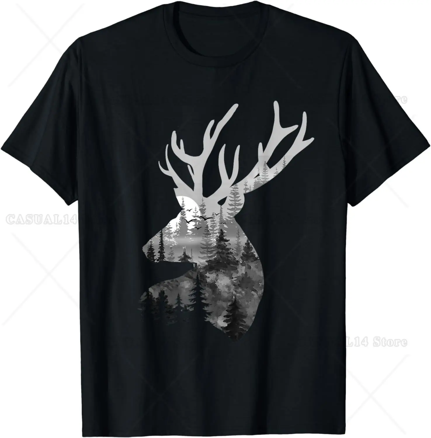 Wild Animal Design Silhouette Buck Deer Artwork Forest Wildlife Animal Lover T-Shirt for Men Women Graphic T Shirts Cotton