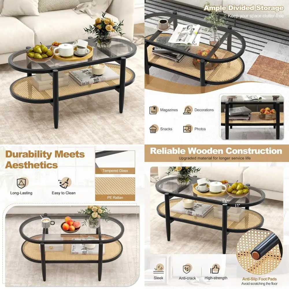 Two-Tier Oval Rattan Coffee Table with Tempered Glass Top and Storage Shelf, Boho Style Cocktail Table