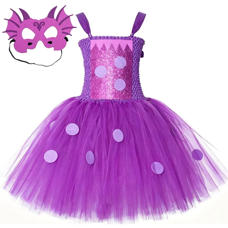 Mythical Purple Dinosaur Voluminous Tutu Dress Little Girls Dragon Themed Outfit Ideal for School Show Festival Cosplay Clothes