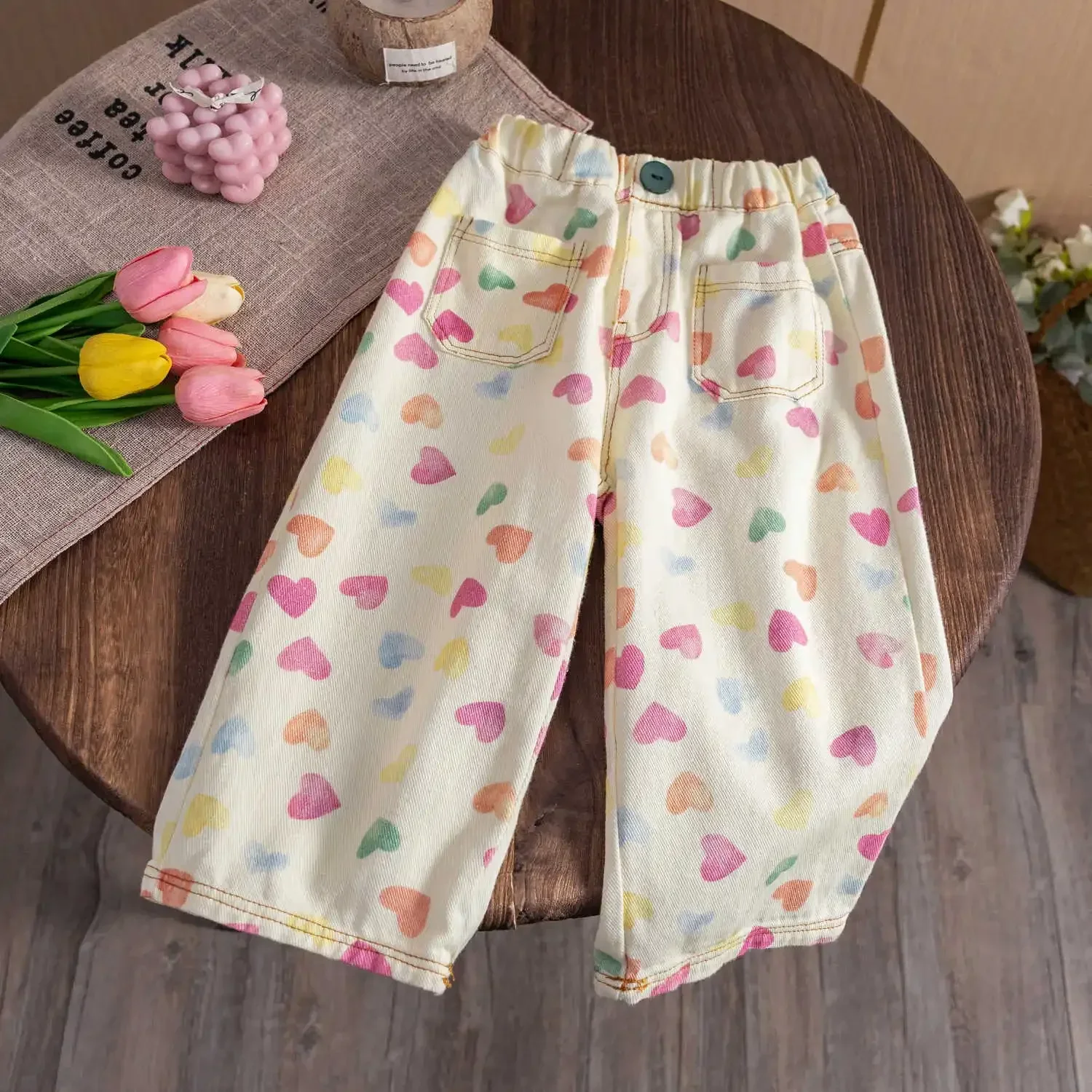 Leuke meisjes houden van bedrukte rechte broek, elastische taille, losse, casual wijde pijpen, denimbroek, 1-6 jaar kinderjeansbroek