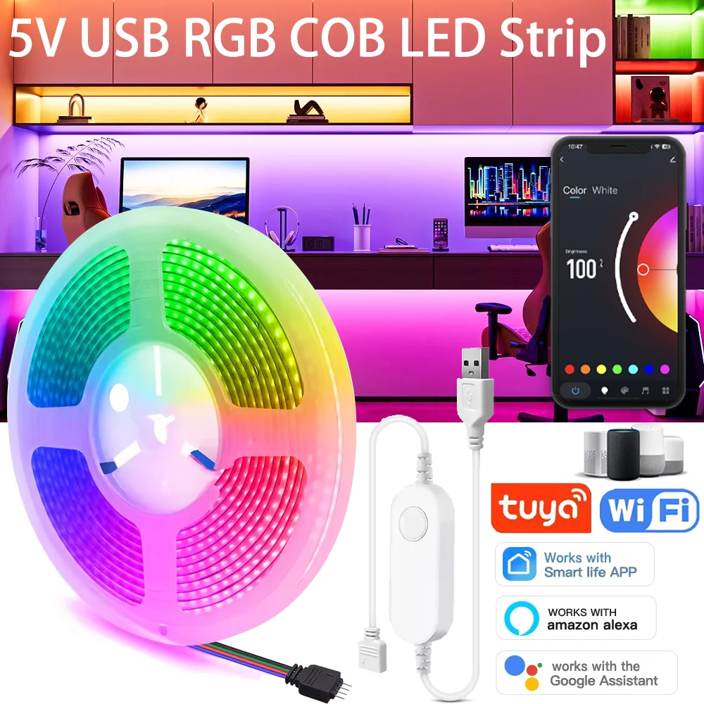 

Светодиодная лента RGB COB с Wi-Fi Tuya, 5В USB, 1-5 м, диммируемая, умная лампа, голосовое управление, подсветка для ТВ, декор для комнаты, совместима с Alexa и Google
