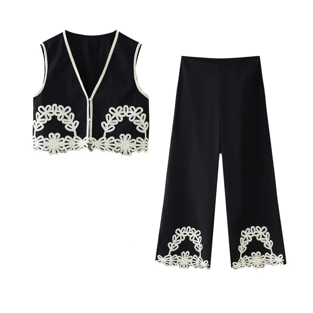 PB&ZA 2024 Summer New Women's Fashion temperament casual versatile embroidery V-neck vest high waisted straight leg pants set