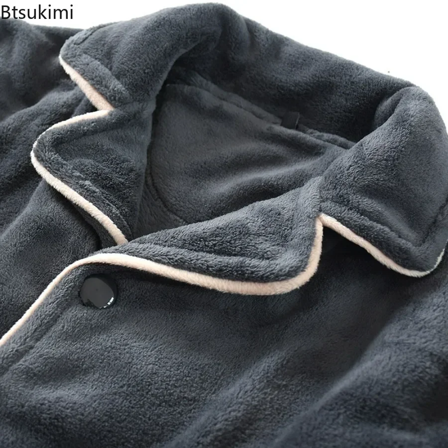 2025Men's Winter Warm Coral Velvet 2PCS Pajamas Sets Solid Long Sleeve Tops and Pants Sets for Homewear Oversized Sleepwear Sets