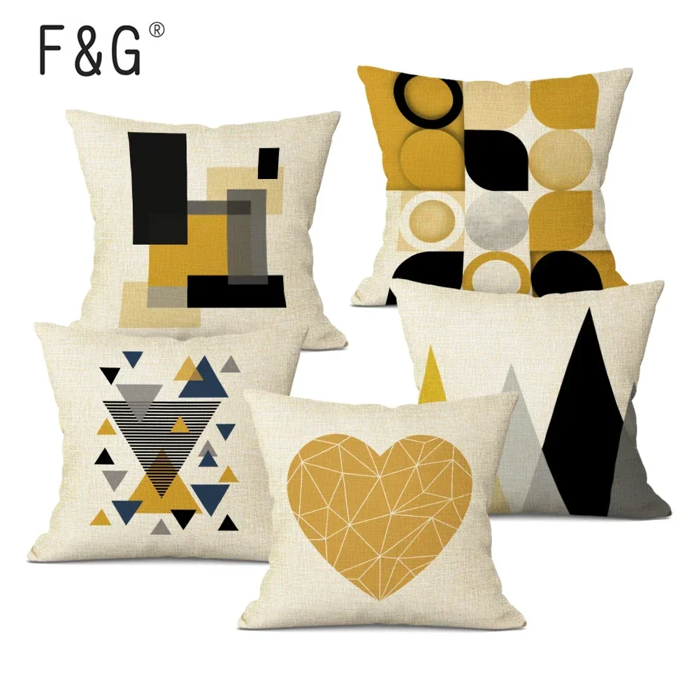 

Yellow Geometric Cushion Cover Nordic Round Triangle Print Pillowcase for Car,Office Decor Deer Heart Throw Pillow Case