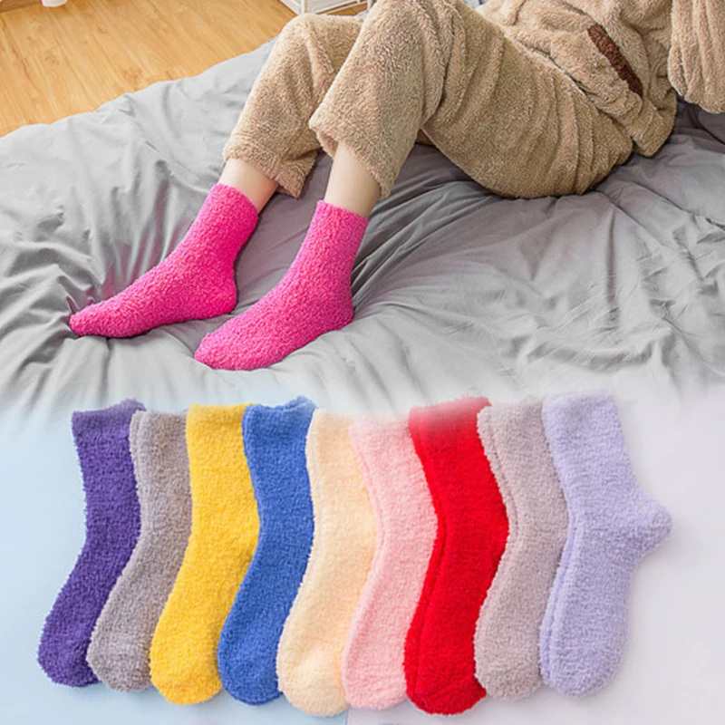 Fluffy Coral Fleece Socks For Women Candy Color Warm Plush Socks Female Winter Soft Indoor Floor Towel Socks New Year Gift