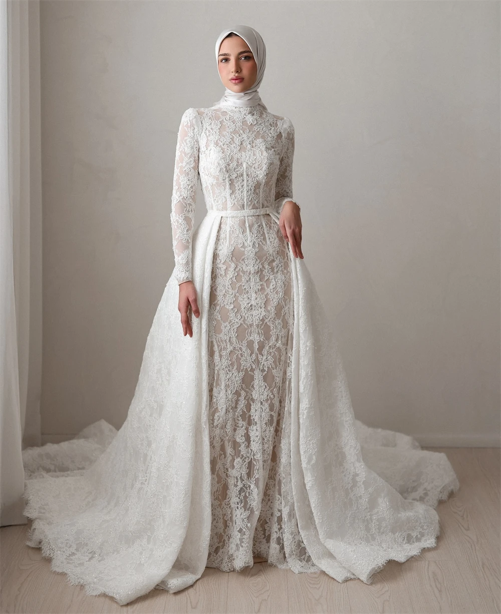 Customized Dreamy White Lace Wedding Dress Formal O-Neck Long Sleeves Bridal Gowns Sexy Straight Court Train Vestido De Novia