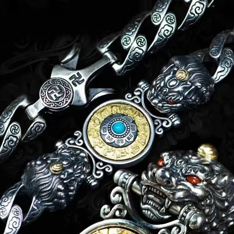 Silver Plated Light Luxury Bracelet, Handmade Double Pixiu & Nine Palaces Rotating Wheel, Vintage Couple Bracelet