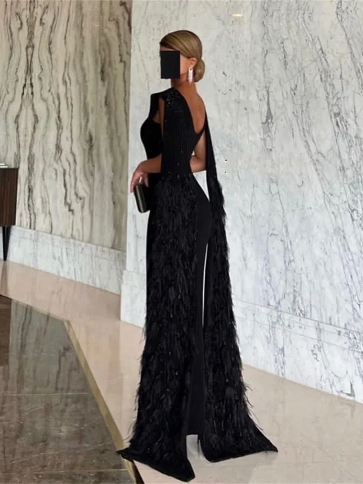 Oisslec Prom Dress guadalupe pettulion pettulyflunds squart 6. 5 axis unsock pearserm Boat Neck Feather Women Formal Occasion abito da sera Islamic muslimexmuslimex ex ex squart