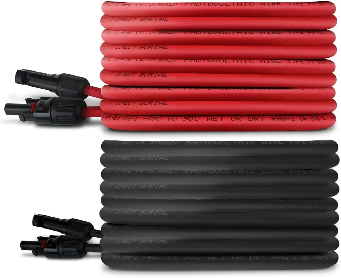 Gauge Solar Panel Extension Cable - Made in The USA (M/F Solar Connector Ends) (100Feet Black + 100 Feet Red) Variety of Length