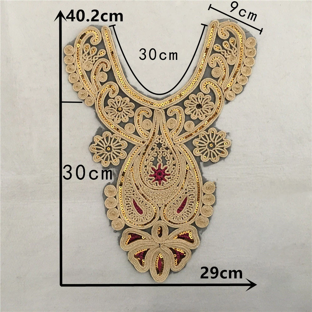 Wholesale sales 1-10 pieces golden embroidery dacron sequin Collar shape decoration sewing lace clothing accessory accessories