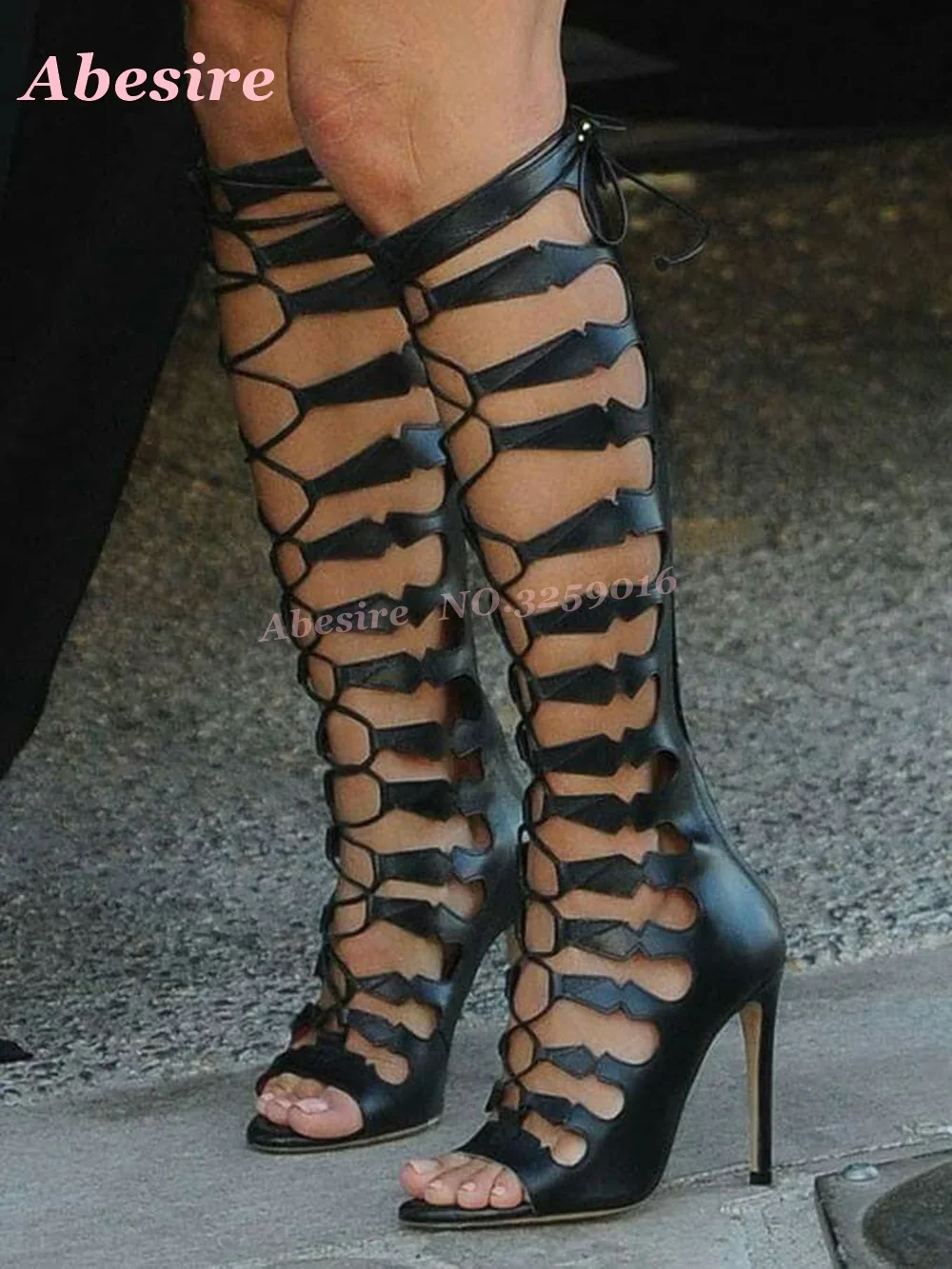 Peep Toe Cross Tied Stiletto High Heels Women's Sandals Black Retro Hollow Out Gladiator Sandals Lace-Up Leather Splicing Shoes