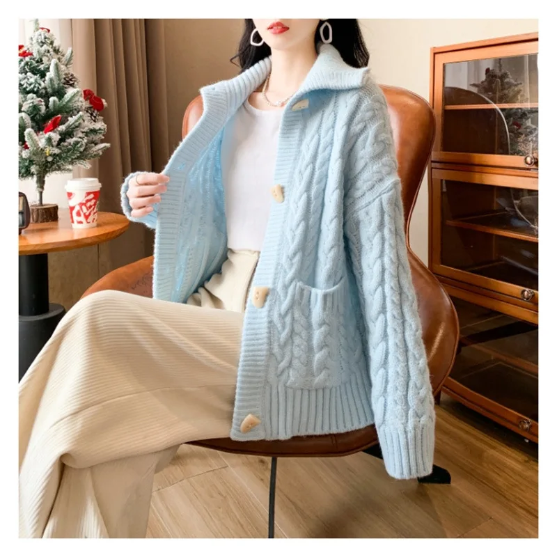 

Autumn Long Sleeve Solid Color Loose Knitted Cardigan New Fashion Sweater Coat Women Female Casual Tops E2390