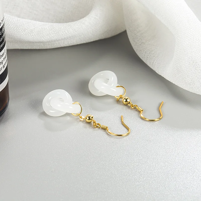 2023 New Hetian Jade Interlocking Dangle Earrings for Women Classical Chinese Style Circle Gold Color Earring Luxury Jewelry