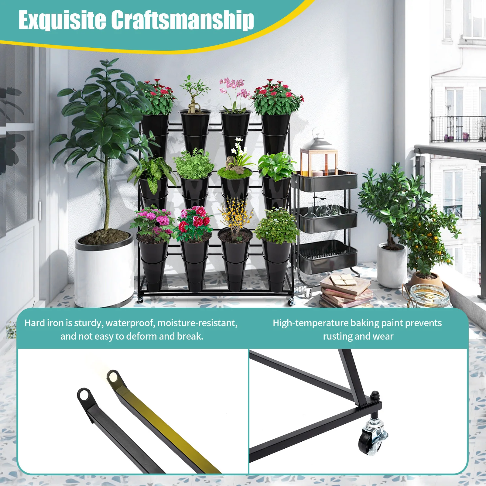 حامل نباتي بعجلات رف عرض نباتات زهور داخلي خارجي + 12 دلاء حديقة 3 طبقات حامل زهور معدني مثلث