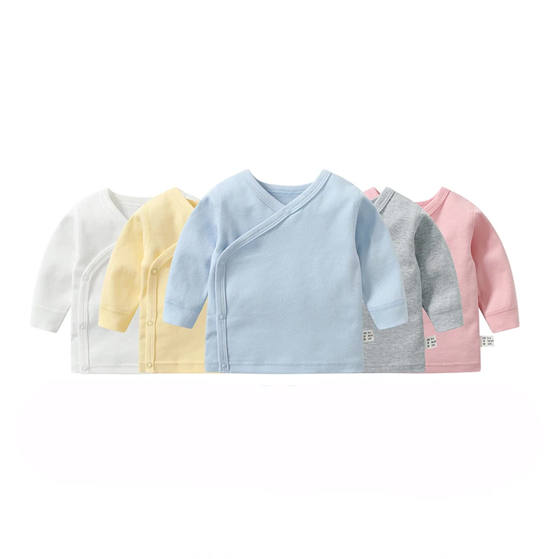 Newborn Baby Clothing Slanting Open Buckle T Shirt Tops Cotton Long Sleeves Solid Color Tees Baby Boys Girls Outfit 0-12 Months