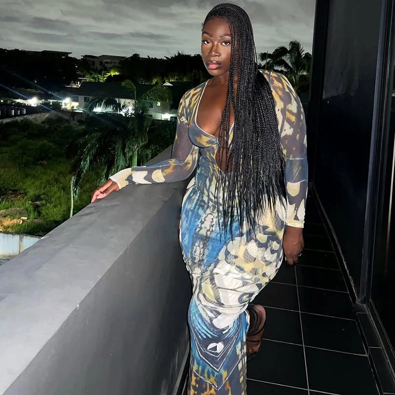 Butterfly Print Dress Woman Metal Ring Hollow Low-Neck Full Sleeve Splits Robe Midnight Elegant Sexy Faashion Vestidos