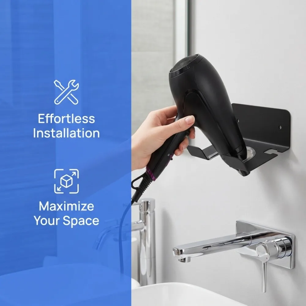 Soporte de Pared para Secador de Pelo de Acero al Carbono, Resistente, en Blanco y Negro, para el Cuidado del Cabello