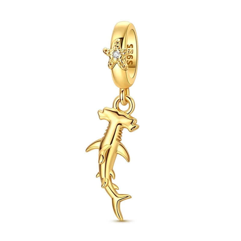 925 Sterling Silber Charms Perle Gold Doppelbackiger Hai Anhänger Passend für Original Armband DIY Damenschmuck