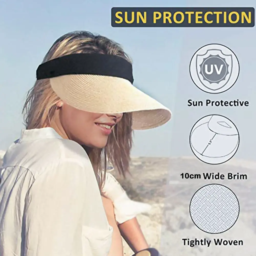 Fashion Summer Empty Top Sun Hat Portable Foldable Magic Tape Roll-up Beach Hat Wide Brim Straw Cap Women Casual Suncap Visors