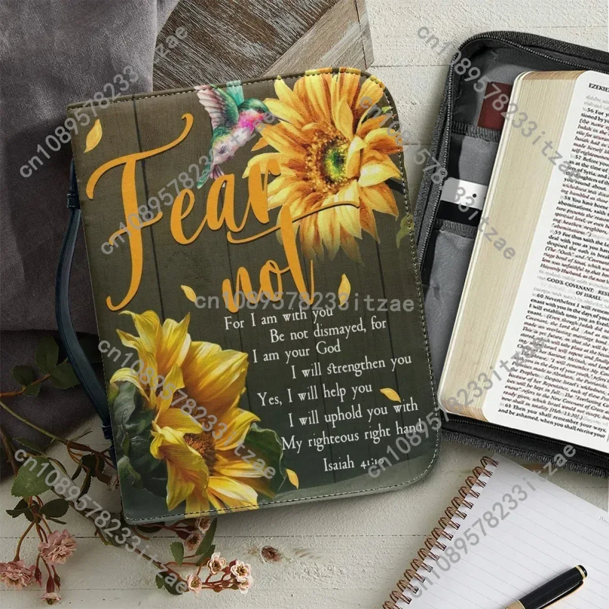 

New Women's Sunflower Bible Poem Printing Bible Cover Case Classic Practical Handbags Zippered Handle Leather Bible Storage Bags