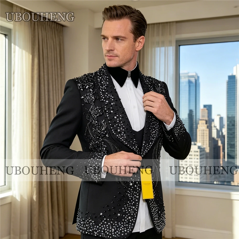 Luxury 3 Piece Men Suit Black Crystal Beaded Embellished Formal Wear Groom Prom Blazer Singer Performance Tuxedo Red Carpet 2026