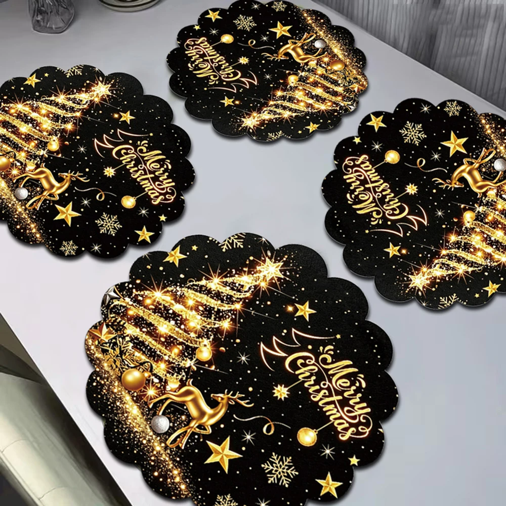 Black Gold Merry Christmas Placemat Golden Christmas Tree Reindeer Table Mat With Snowflake Xmas Winter Holiday Party Decor