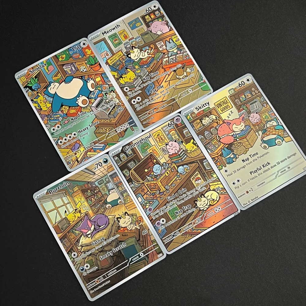 5Pcs TCG Snorlax Meowth Purriloin Gimmighoul Skitty Holo Cards Gift   Flash Game Card Gift