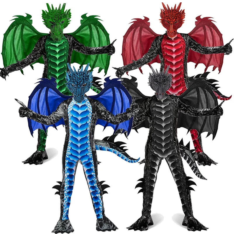 2025 New Arrival Dragon Jumpsuit With WIng And Mask Halloween Outfit Child Boys Black Blue Dragon Costume