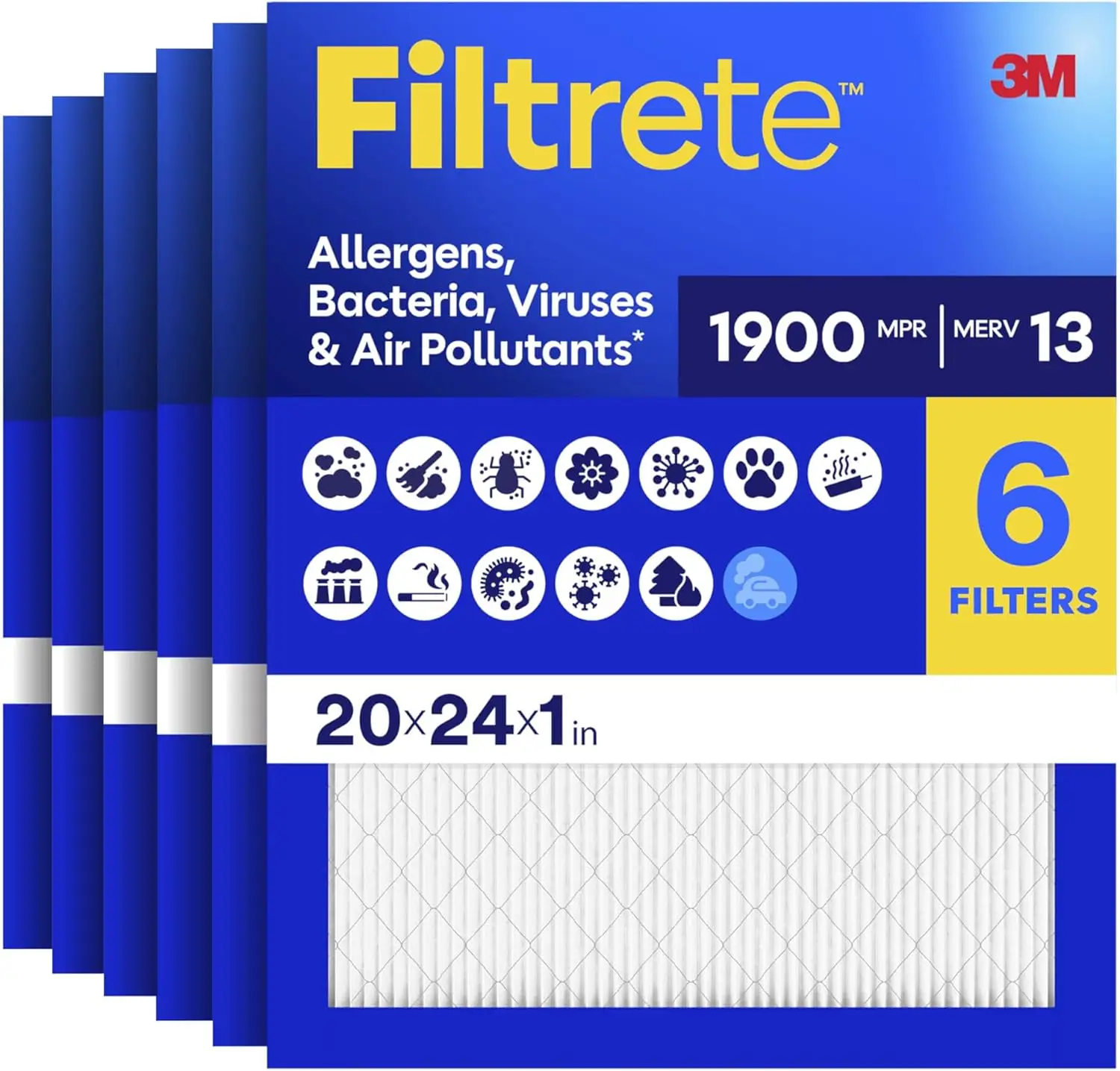 

20x24x1 MERV 13 AC Furnace Filter, 6-Pack, Captures Allergens & Bacteria, 3-Month Lifespan, Exact Size 19.81x23.81x0.78 in