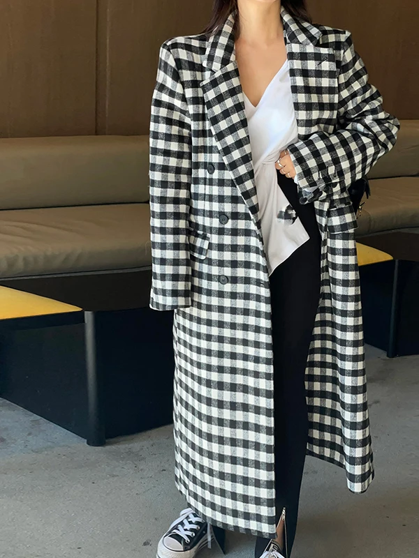 

Модное длинное шерстяное пальто в клетку, женское зимнее пальто на хлопковой подкладке, модное женское пальто длиной до колена