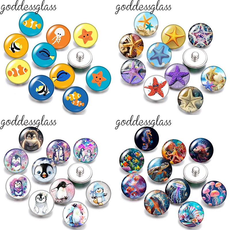 Cartoon Sea Animals Starfish penguin Fish conch Photo 10pcs 12mm/18mm snap buttons for 12mm/18mm snap bracelets DIY jewelry