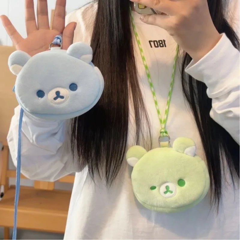 2025 Cute Rilakkuma Plush Coin Wallet Cartoon Blue Tear Bear Mini Hanging Bag Portable Lipstick Jewelry Headphone Storage Bag