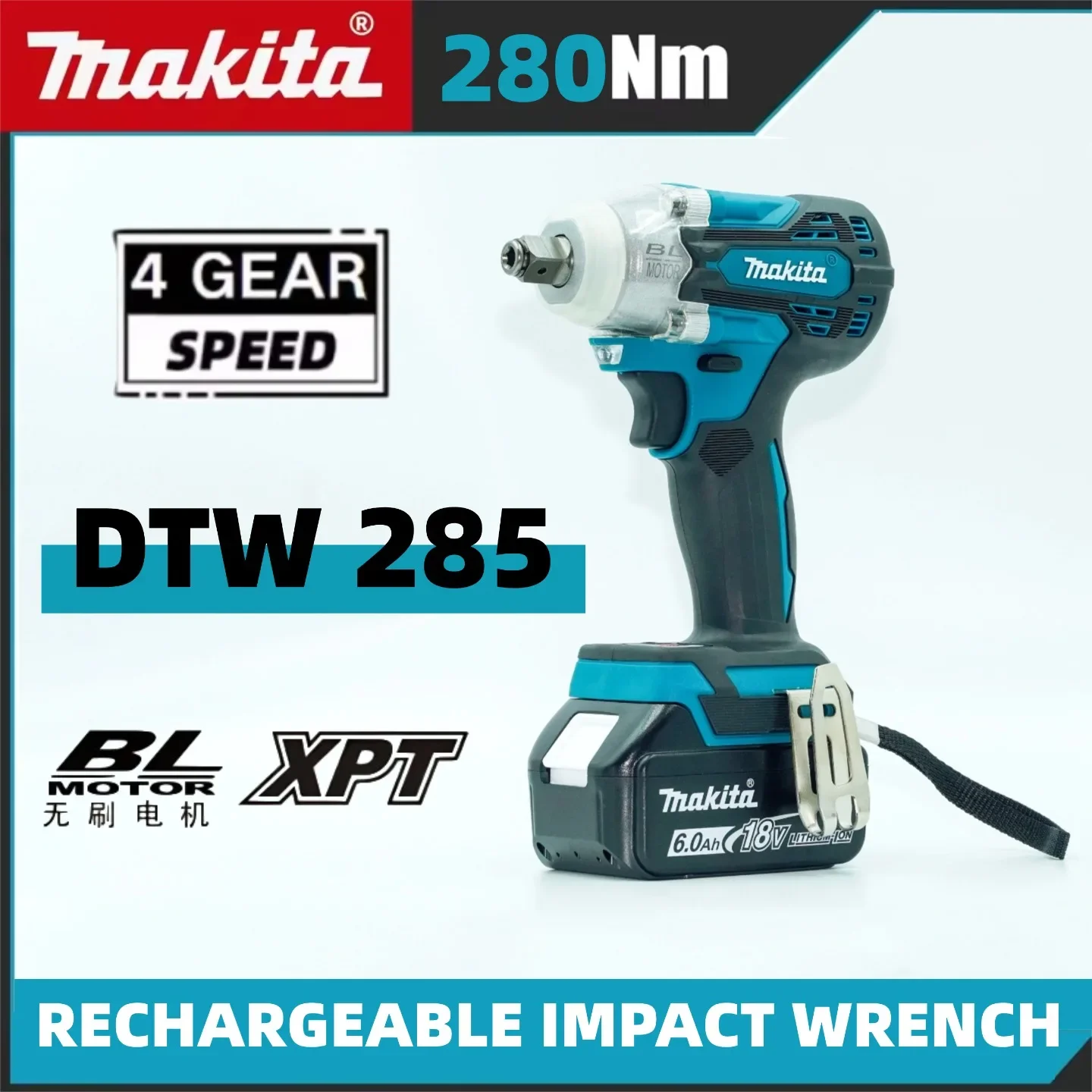 

Makita DTW285 18V brushless electric screwdriver,280N.m 1/2" socket,rechargeable drill driver,compatible with Makita 18V battery