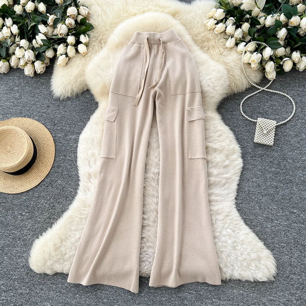 Women Solid Knitted Straight Pants Cargo Capris Drawstring Waist Floor Lenth Pockets Slim Fit Elegant Casual 2025 Autumn Winter