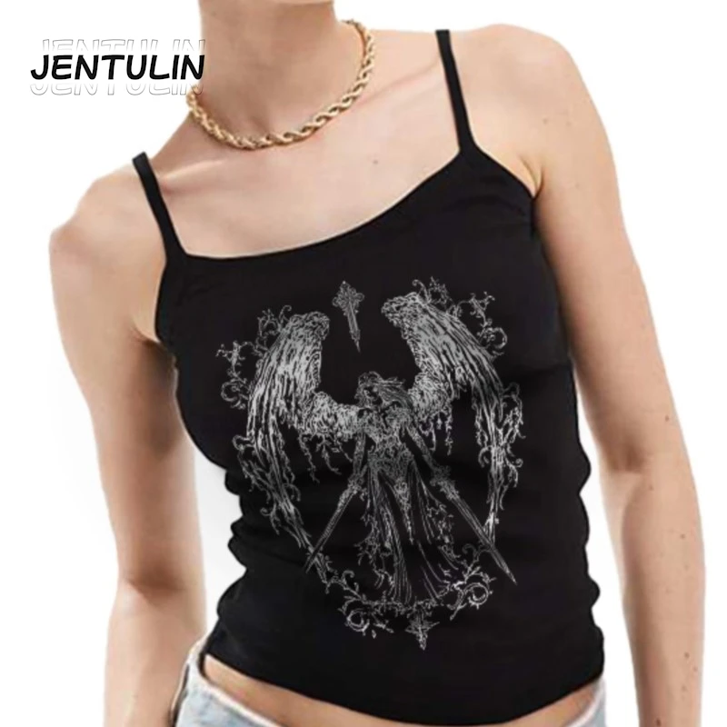 빈티지 여성 고딕 프린트 탱크탑 슬림 그런지 크롭탑 레트로 Y2K 탑 스트릿웨어 그래픽 탱크 & 캐미솔 탑 에모 걸스 코르셋