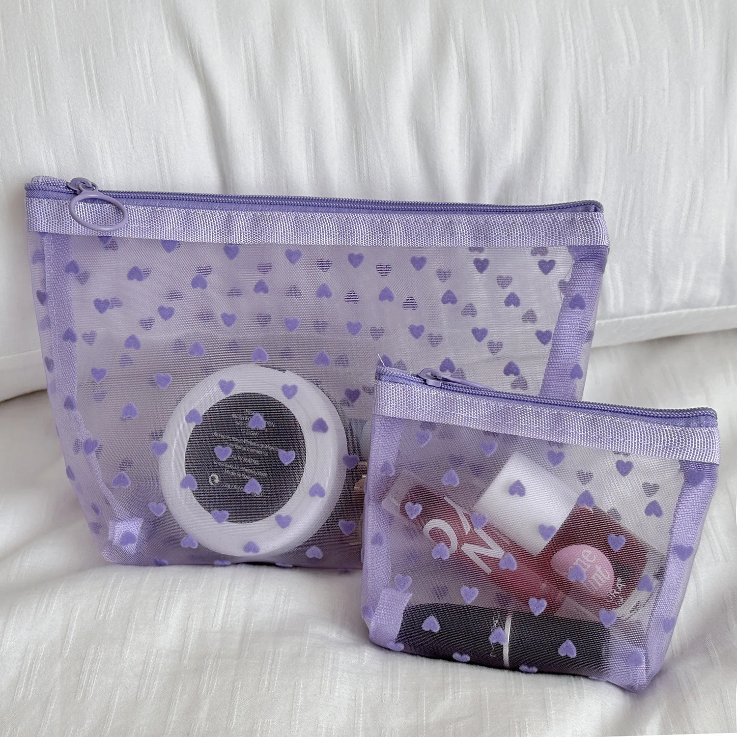 Women Cosmetic Storage Bag Travel Organizer Holder Purse Purple Heart Printed Nylon Mesh Make Up Bag Clear Cute Makeup Bag Pouch
